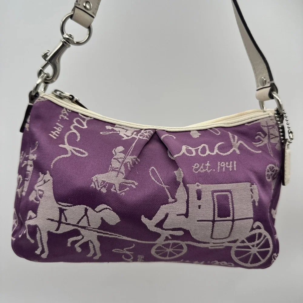 VTG Y2K Coach Purple Horse Carriage Print Wristlet & Bag Canvas Leather Trim EUC